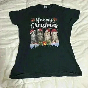 Womens "Meowy Christmas" Black Short Sleeve Tee Kitty Cat Holiday Christmas